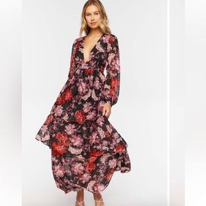 NWT STUNNING NEW FOREVER 21 FLORAL CHIFFON MAXI DRESS SIZE M TIERED LONG SLEEVE